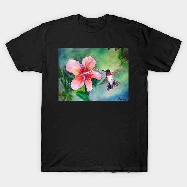 Ruby Throated Hummingbird and Hibiscus Flower T-Shirt by julyperson